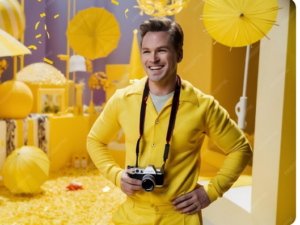 Photographer holding a camera while standing in a colorful event backdrop decorated with yellow party props.